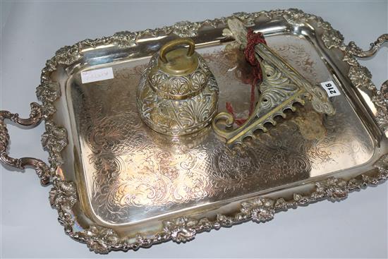 A silver plated tray, a brass bracket and a bell